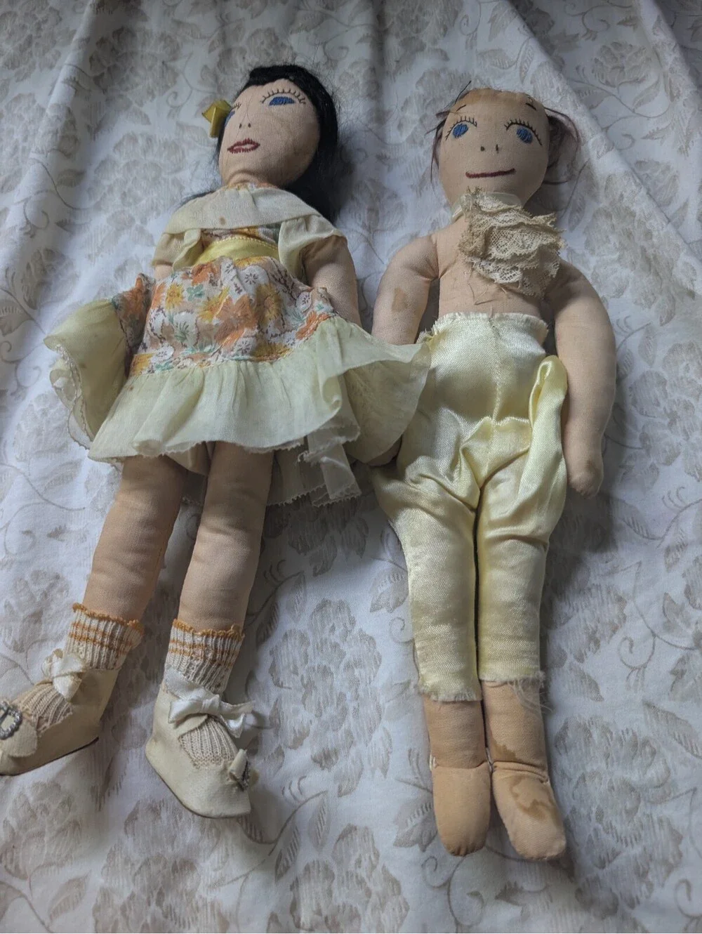 Vintage Handmade Cloth Dolls Pair with Fabric Clothing